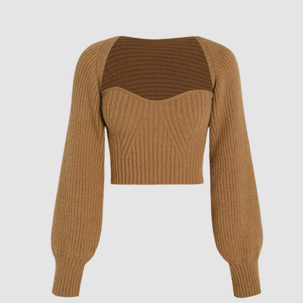 Brown Ribbed Knit Sweater Top